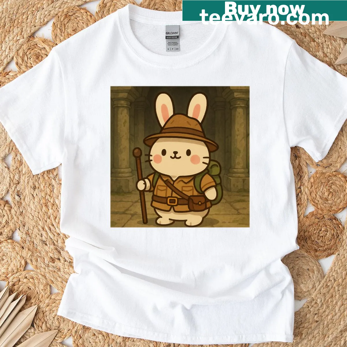 Illustrated T-shirt featuring Jack the adventurous rabbit — on a men's t-shirt