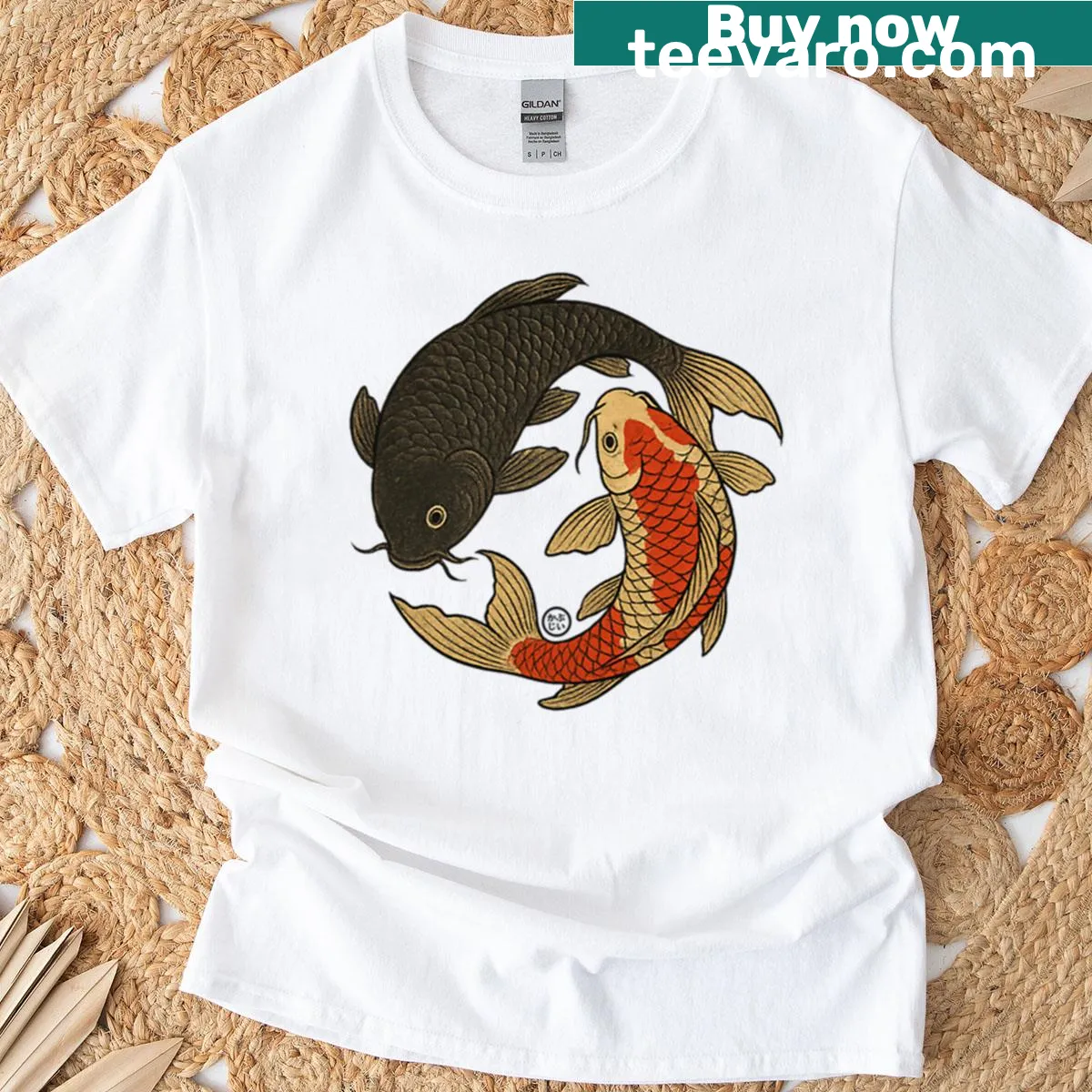 Zen-themed t-shirt featuring koi fish in a yin yang design — on a men's t-shirt