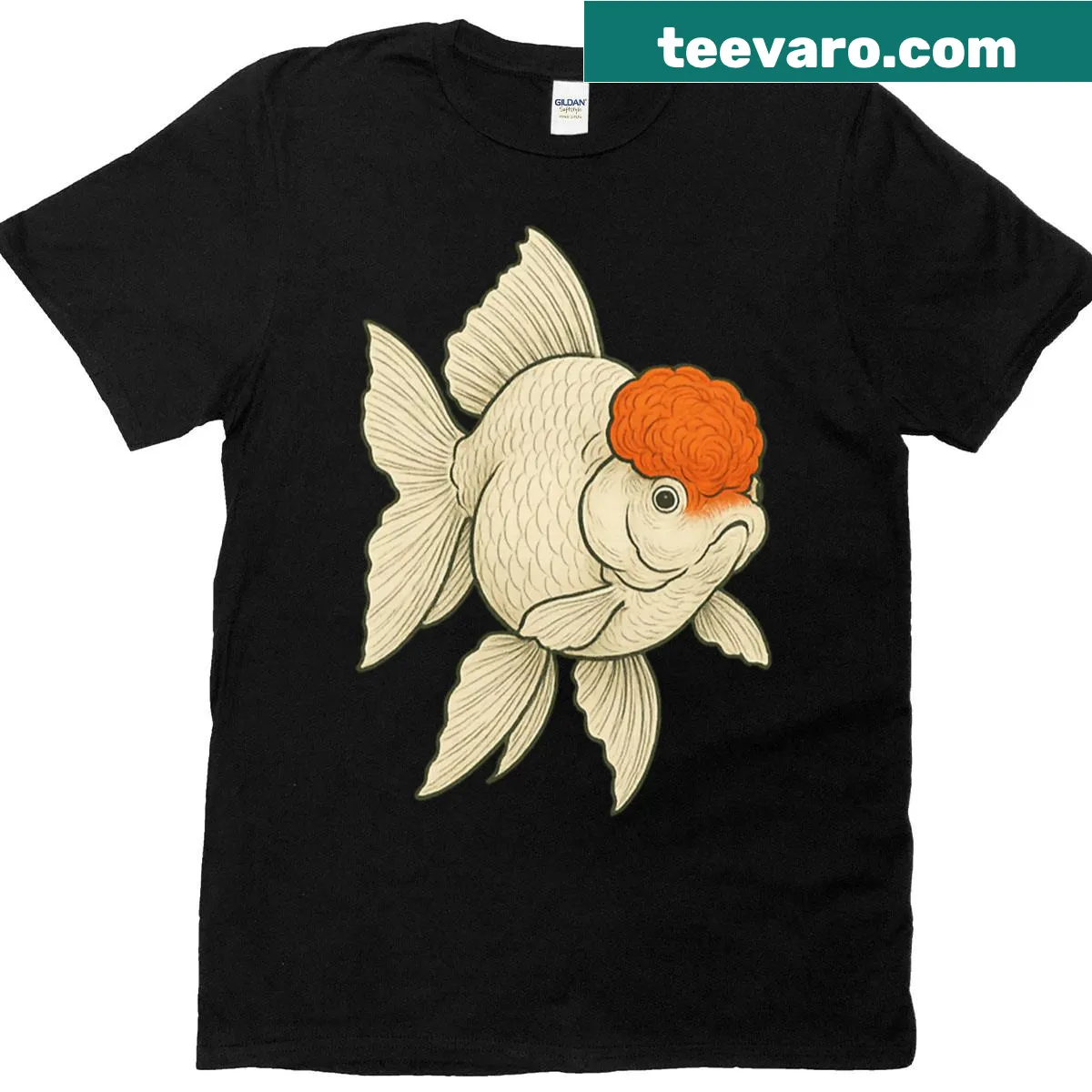 Vintage-style t-shirt with an illustration of a Japanese Oranda Goldfish — on a men's t-shirt