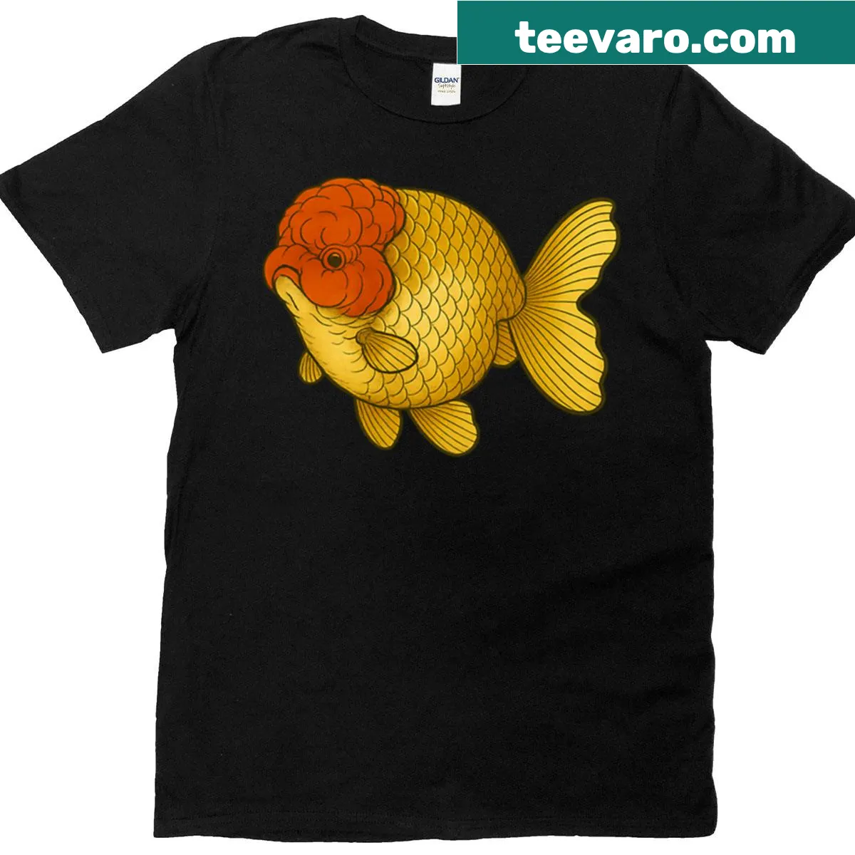 Vintage-style t-shirt with an illustration of a Japanese Ranchu Goldfish — on a men's t-shirt