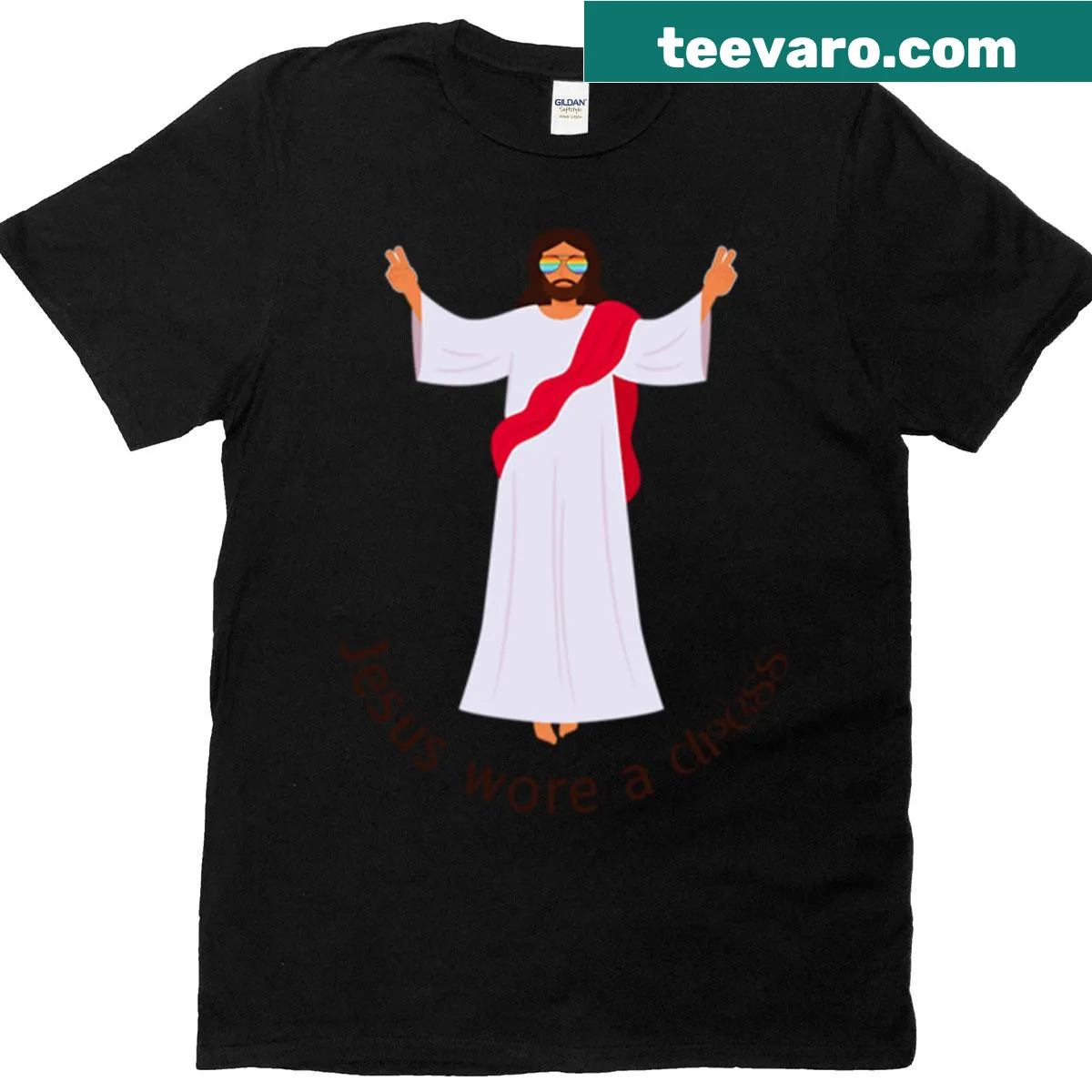 Playful oversized t-shirt with a cartoon Jesus in a dress and sunglasses — on a men's t-shirt