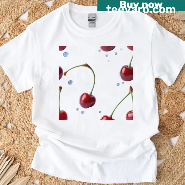 Seamless pattern of twin cherries on a casual t-shirt