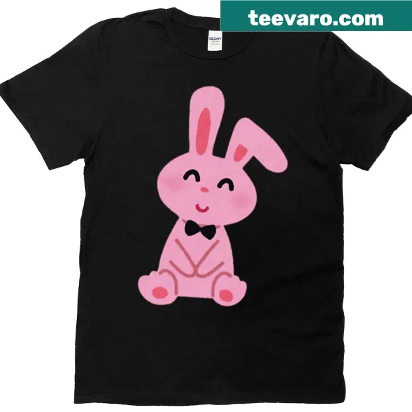 Kawaii illustration of a pink plush bunny with a black bow tie