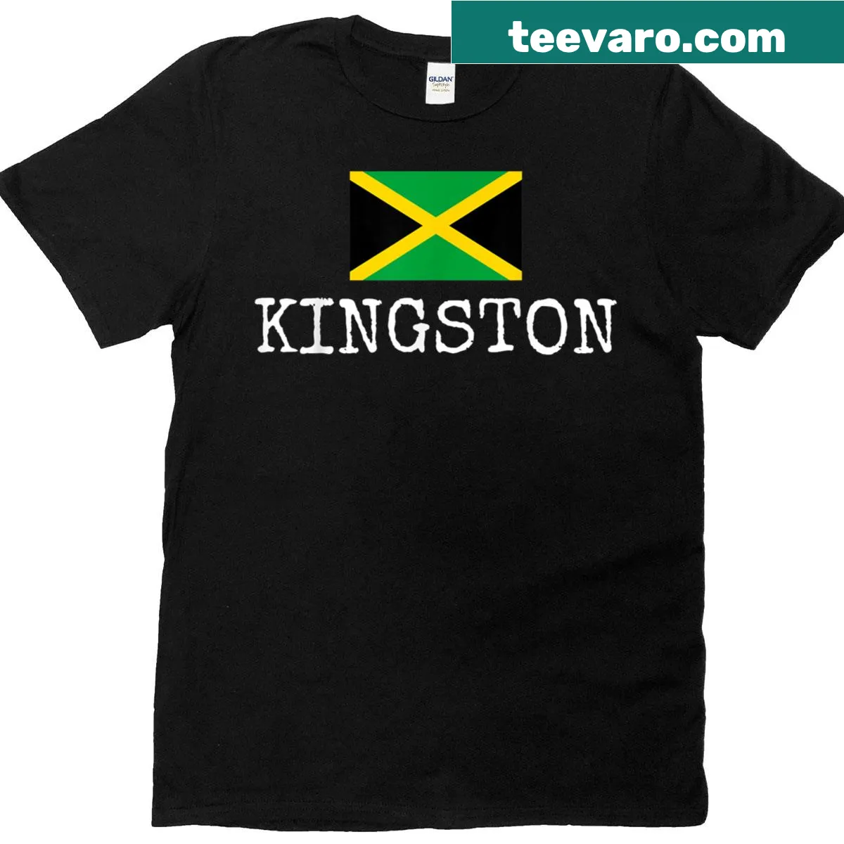 Text T-shirt celebrating Kingston and Jamaica family trips — on a men's t-shirt