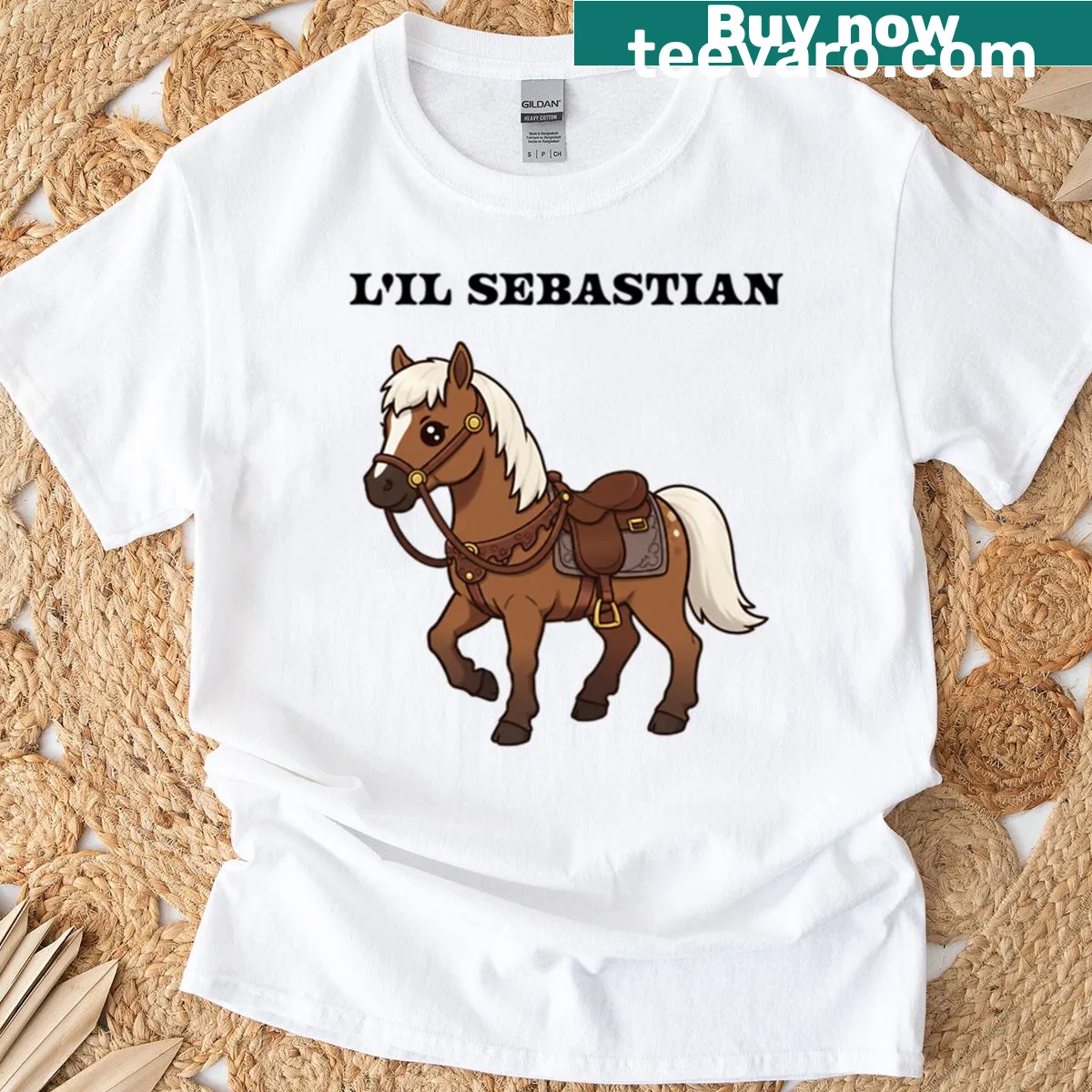 T-shirt featuring a whimsical graphic of Lil Sebastian — on a men's t-shirt