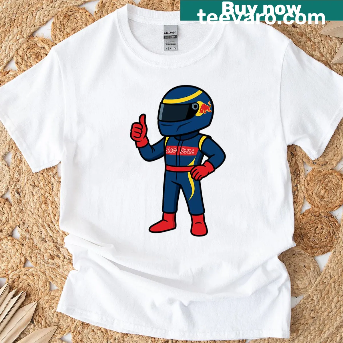 T-shirt featuring a playful racing graphic — on a men's t-shirt