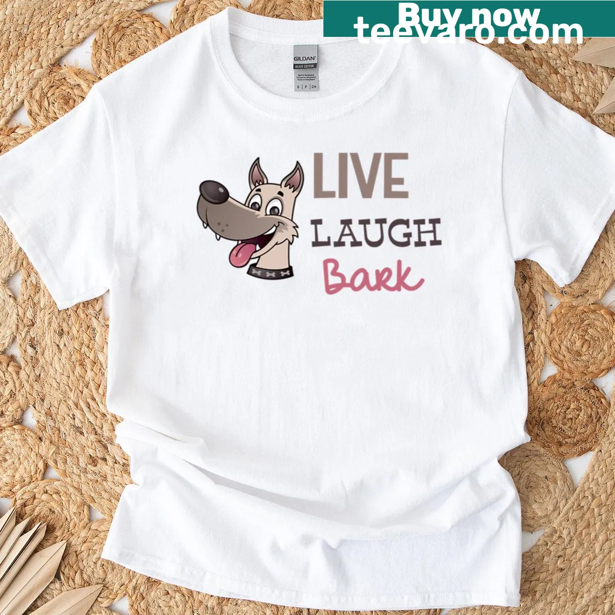 Wholesome Live Laugh Bark t-shirt with playful text — on a men's t-shirt
