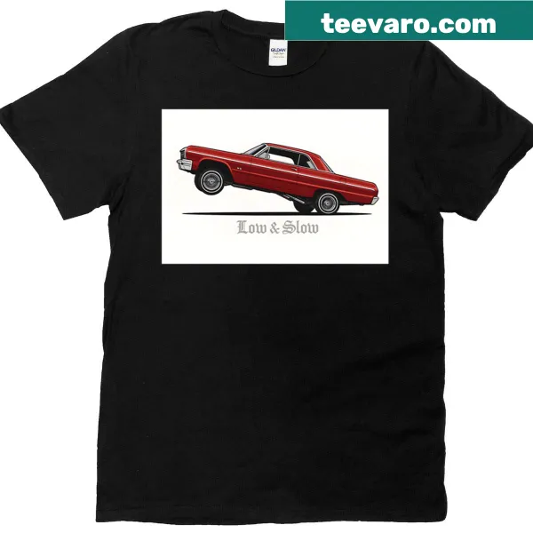 Retro design T-shirt celebrating lowrider culture with a cruising theme.
