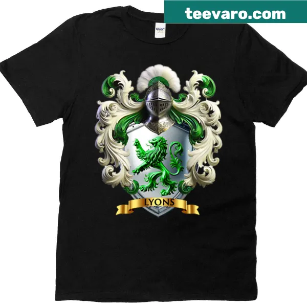 Vintage-style T-shirt featuring the Lyons family crest with a green lion