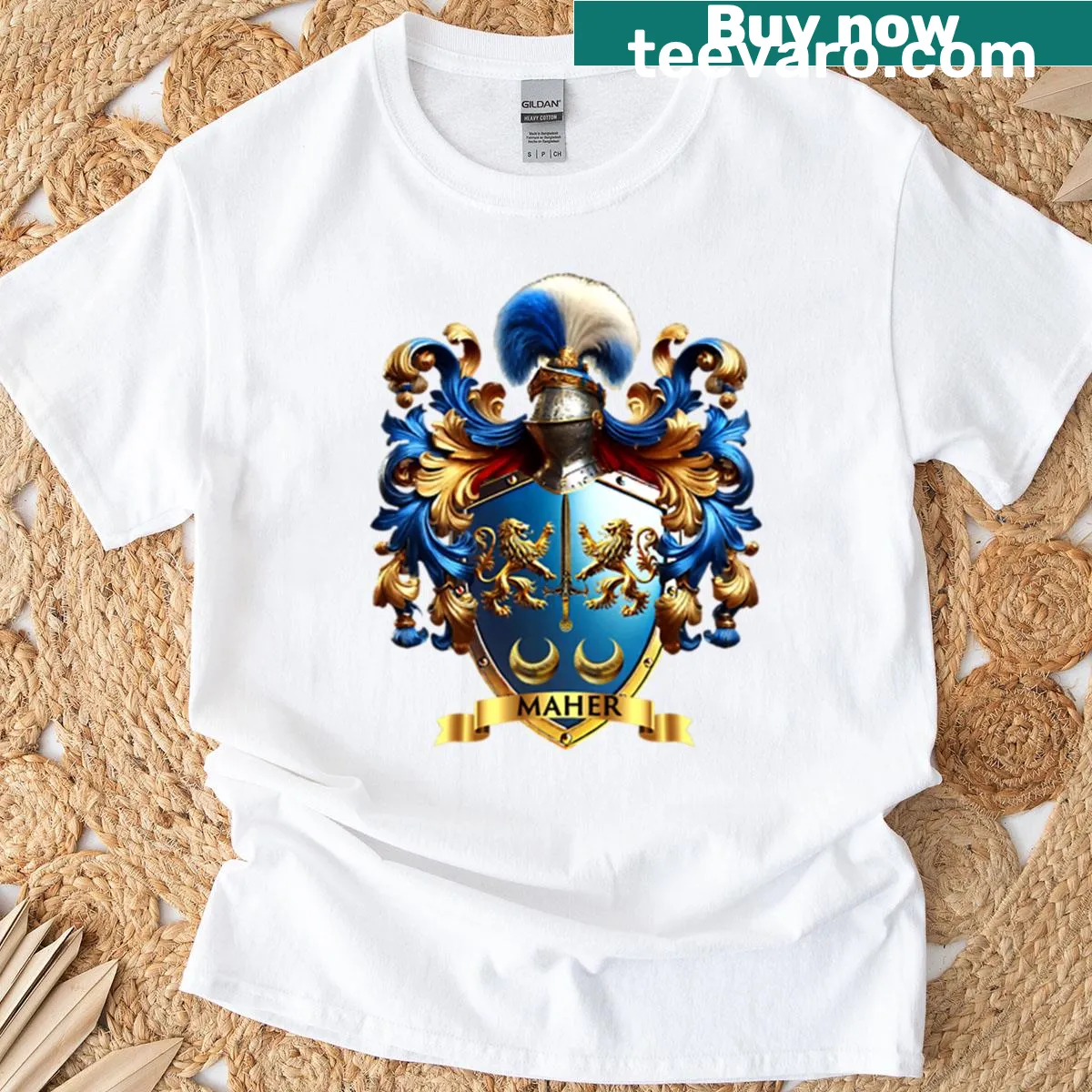 Maher family crest illustration on T-shirt — on a men's t-shirt