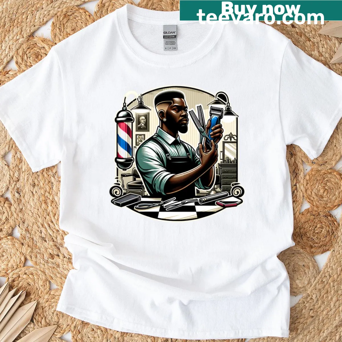 Vintage-style barbering graphic on oversized T-shirt — on a men's t-shirt