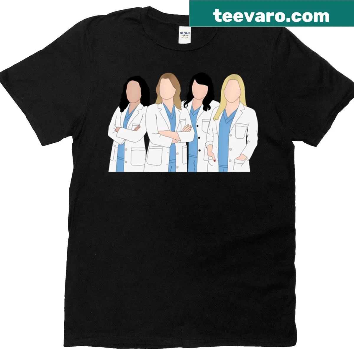 T-shirt featuring illustrated characters Meredith, Cristina, and Arizona from Grey's Anatomy — on a men's t-shirt