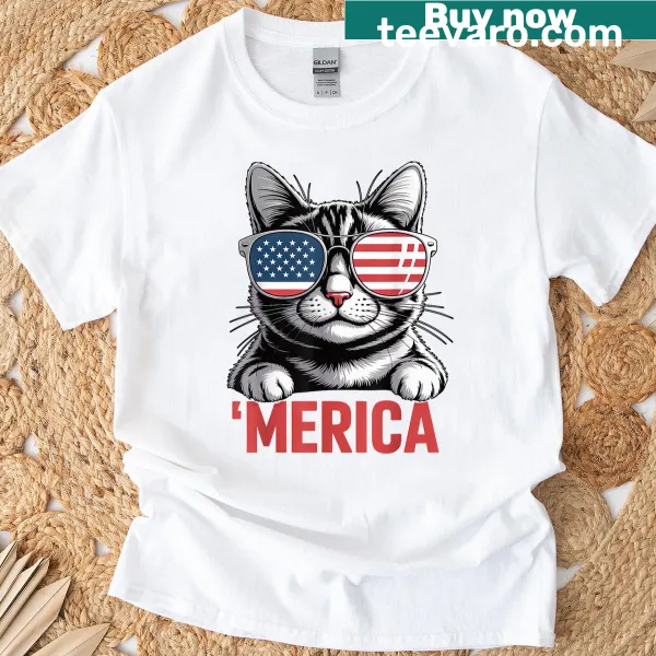 Patriotic cat design with American flag on T-shirt