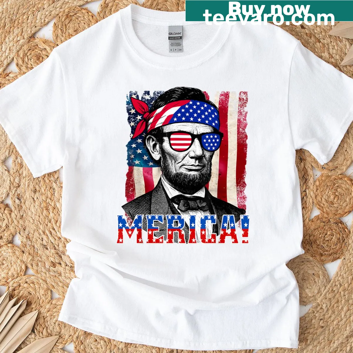 Illustration of Abraham Lincoln with American flag elements — on a men's t-shirt