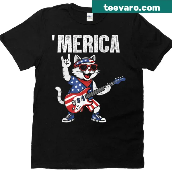 Fun cat playing guitar graphic on a Fourth of July T-shirt.