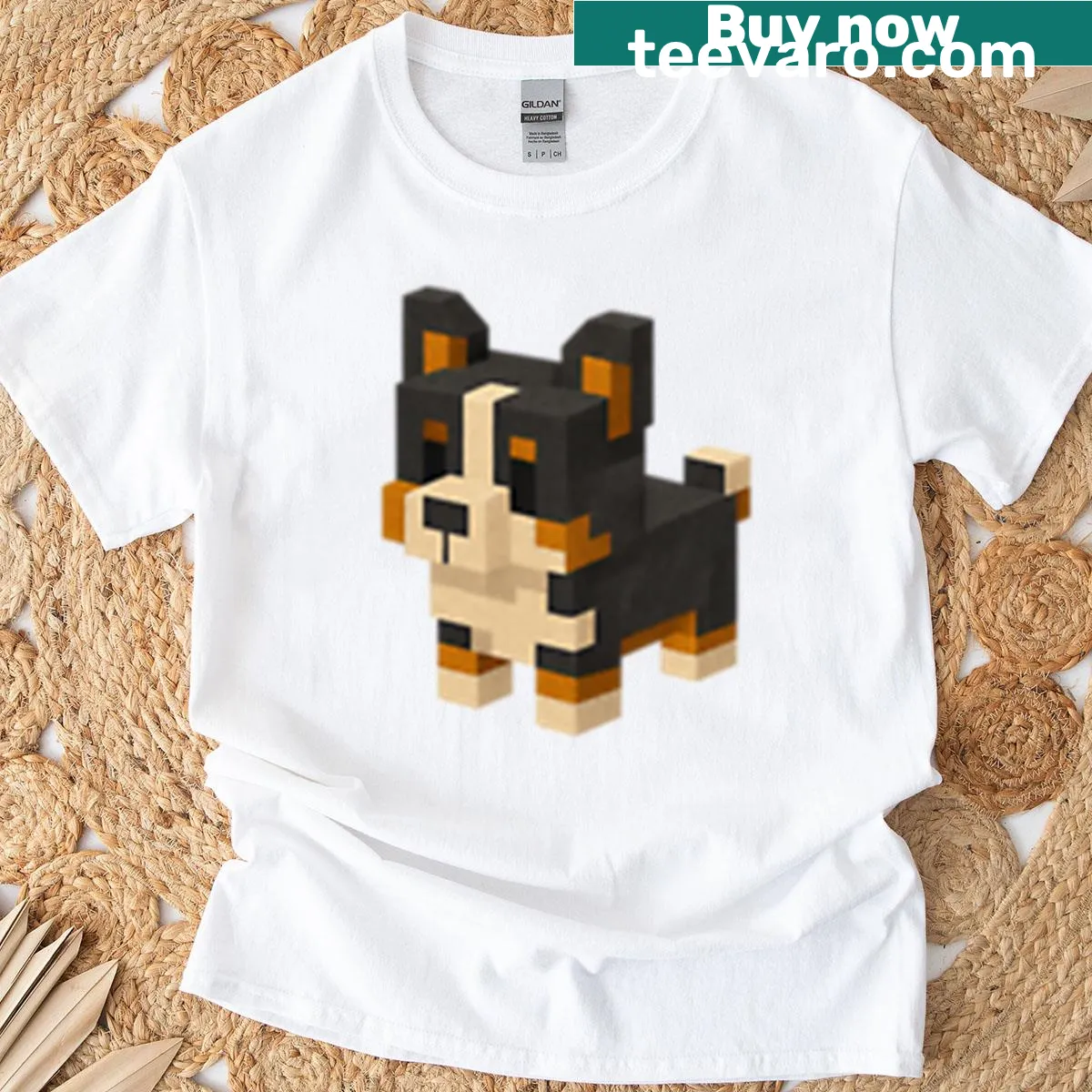 Cute pixel art corgi dog design inspired by Minecraft — on a men's t-shirt