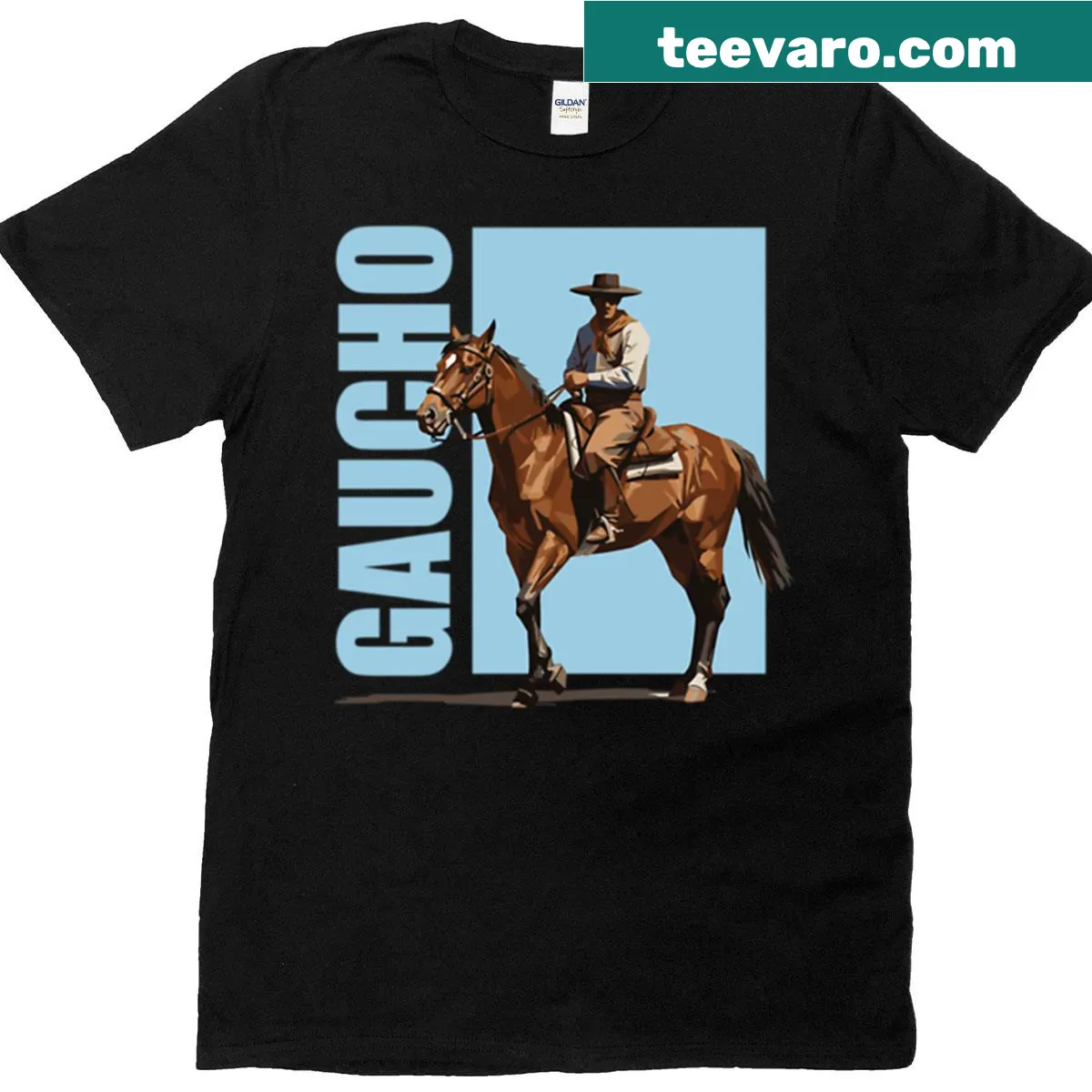 Illustrated T-shirt featuring a modern gaucho with a horse — on a men's t-shirt