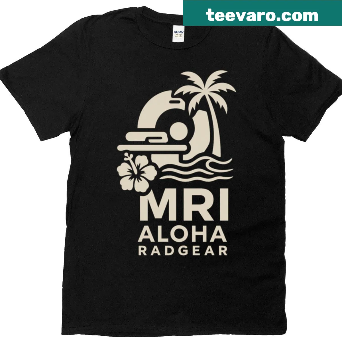 T-shirt with MRI safety logo and Hawaiian design elements — on a men's t-shirt