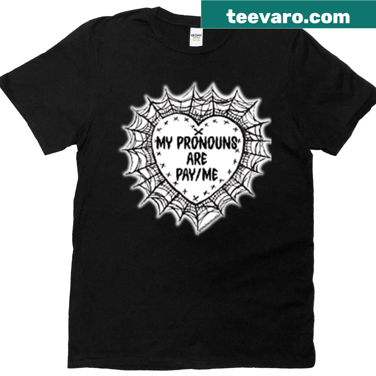 Spiderweb heart design with text 'My Pronouns Are Payme' — on a men's t-shirt