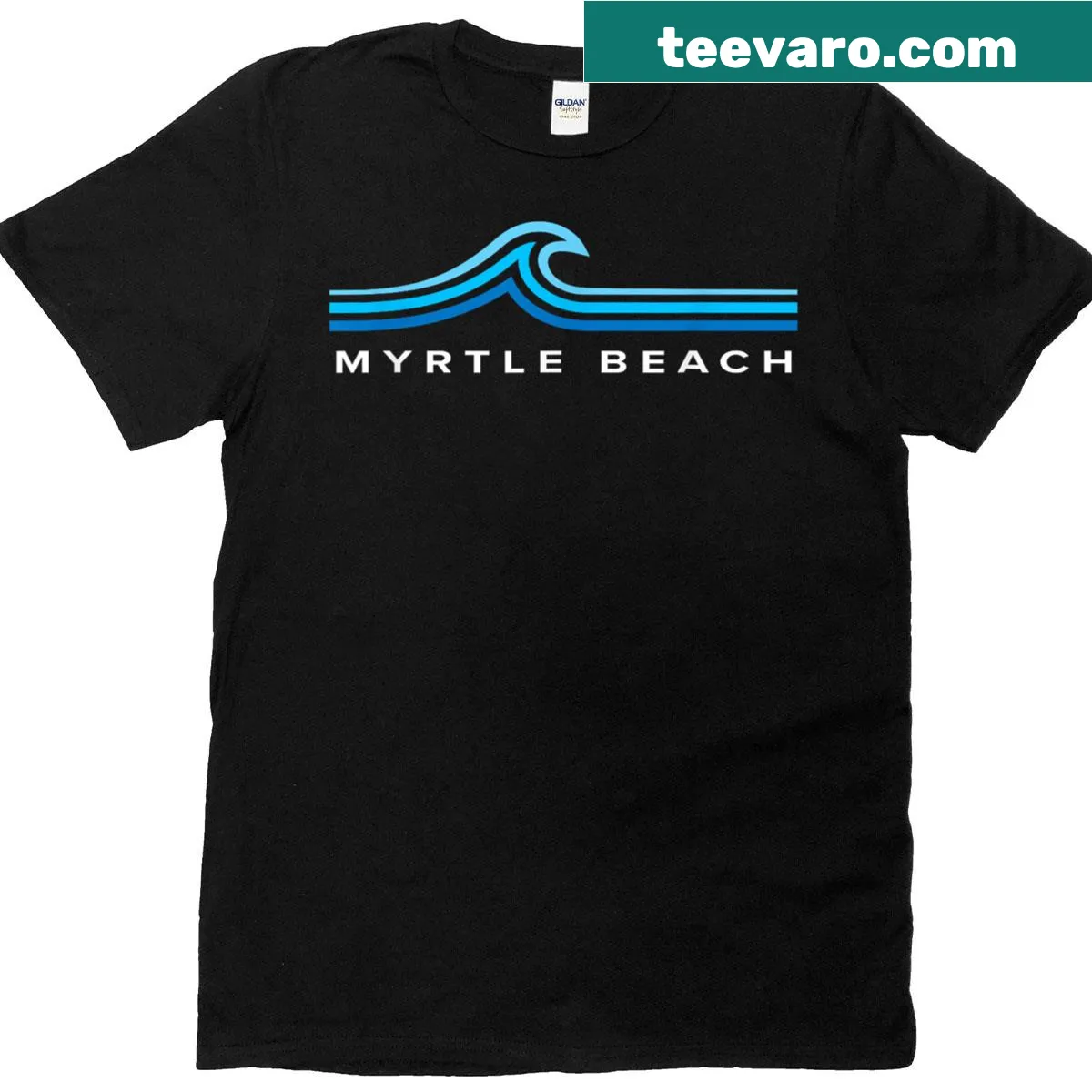 Souvenir T-shirt featuring Myrtle Beach waves design — on a men's t-shirt