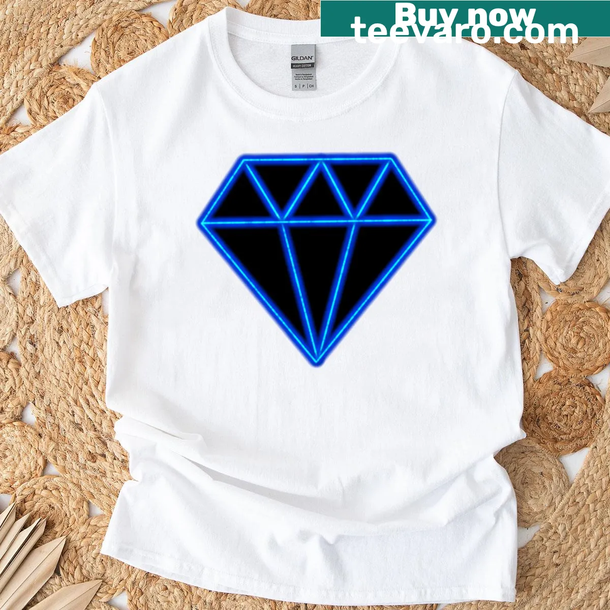 T-shirt featuring a neon blue diamond graphic. — on a men's t-shirt