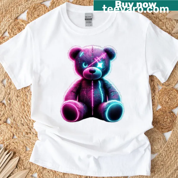 Neon Cyberpunk Glitch Teddy Bear T-shirt with a cute design and star eyes.