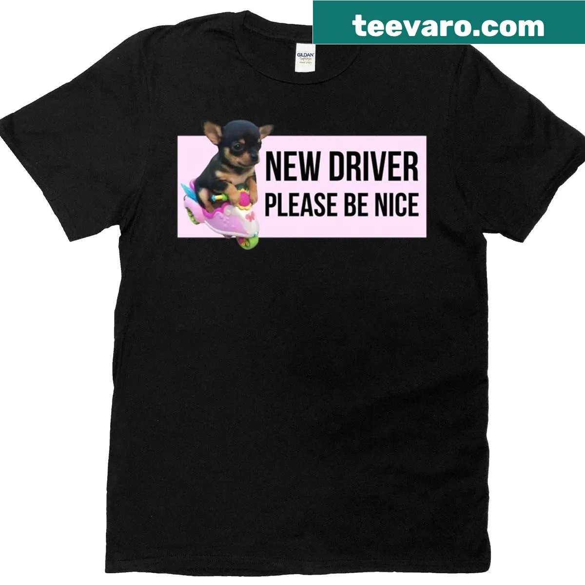 Playful T-shirt with text: 'New Driver Please Be Nice' — on a men's t-shirt