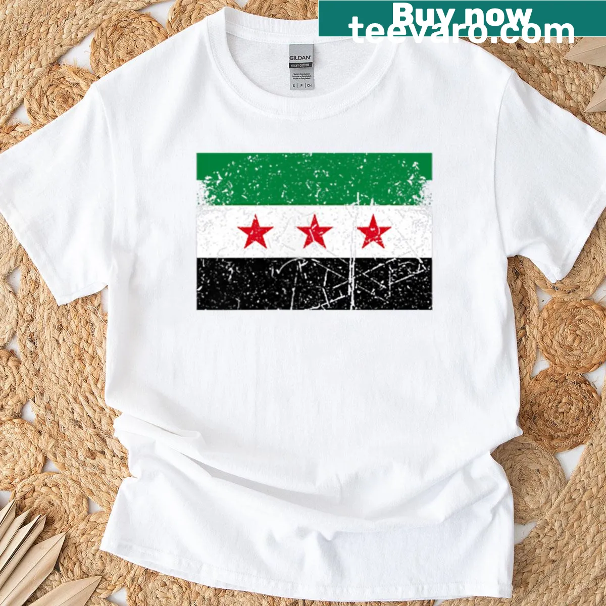 Syria flag graphic T-shirt suitable for men, women, and kids — on a men's t-shirt