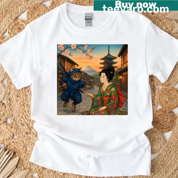 Cartoon design of ninja cats on a Kyoto adventure