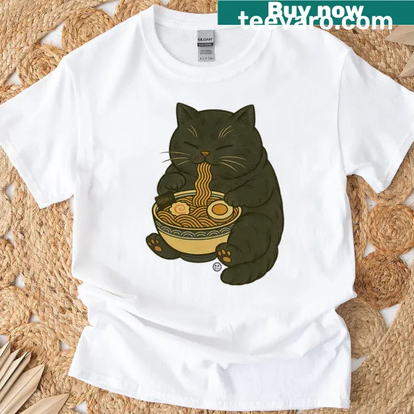 Kawaii black cat enjoying ramen graphic on a T-shirt