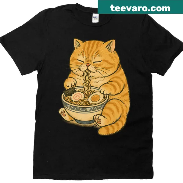 Kawaii T-shirt with an orange tabby cat and ramen design.