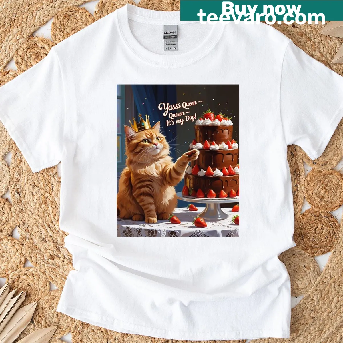 Playful graphic t-shirt featuring illustrated cats and dogs — on a men's t-shirt