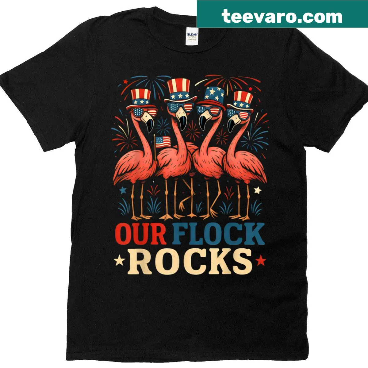 Patriotic flamingo illustration t-shirt for men, women, and kids — on a men's t-shirt