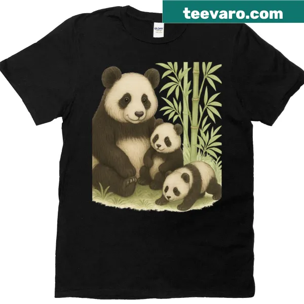 Illustration of a panda mom and babies on an oversized T-shirt