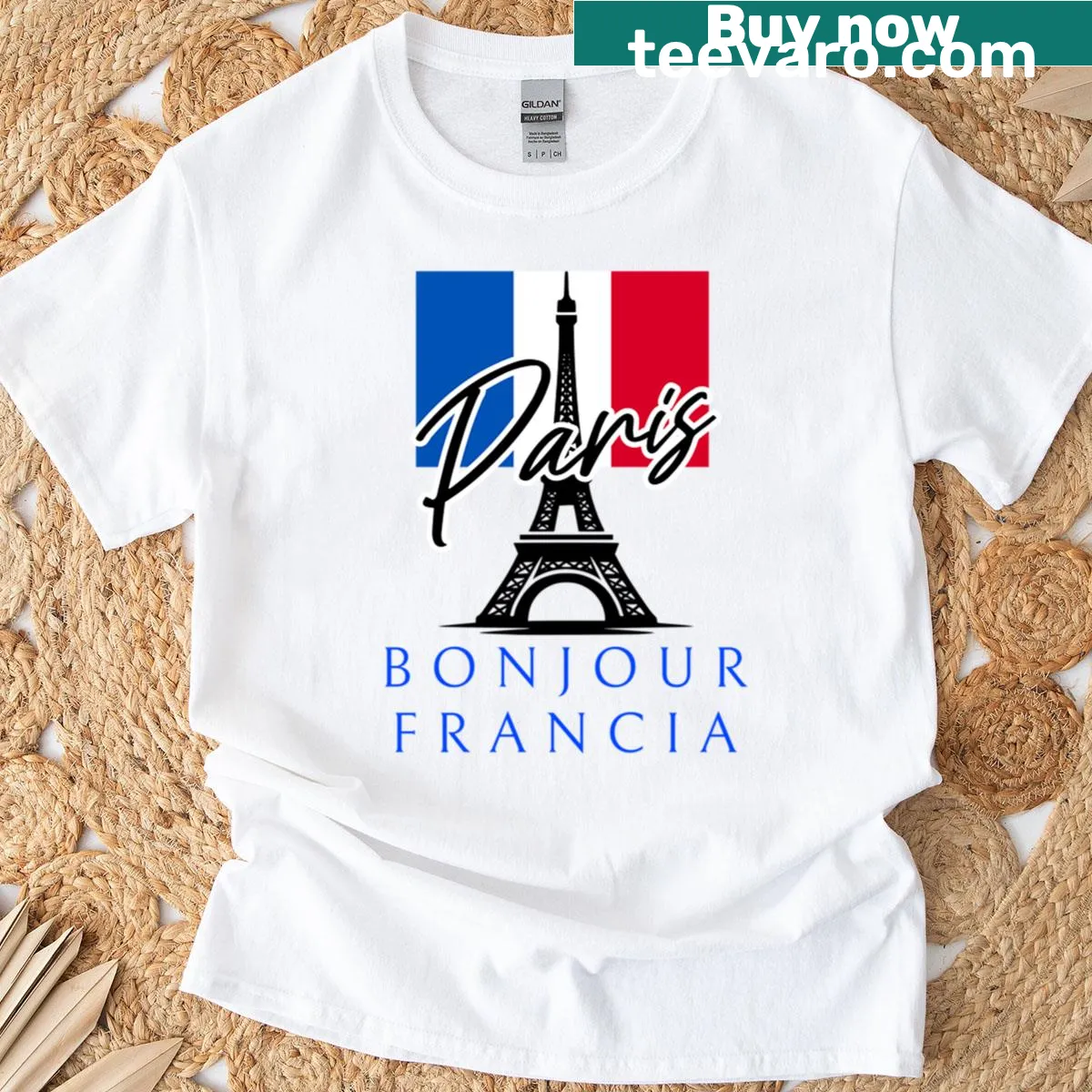 Illustrated Paris Eiffel Tower t-shirt with Bonjour text — on a men's t-shirt