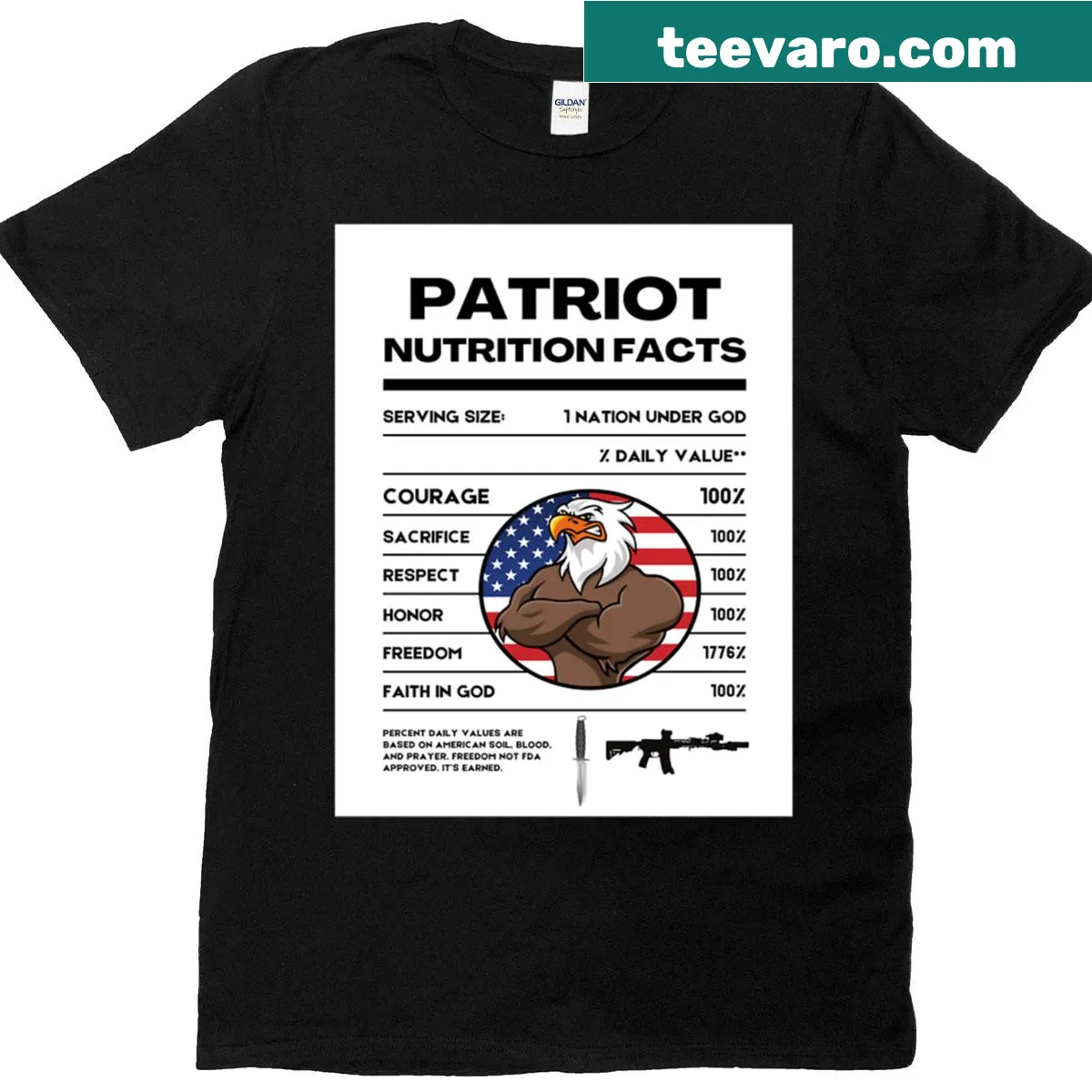 Patriot Nutrition Facts graphic T-shirt with American pride theme — on a men's t-shirt
