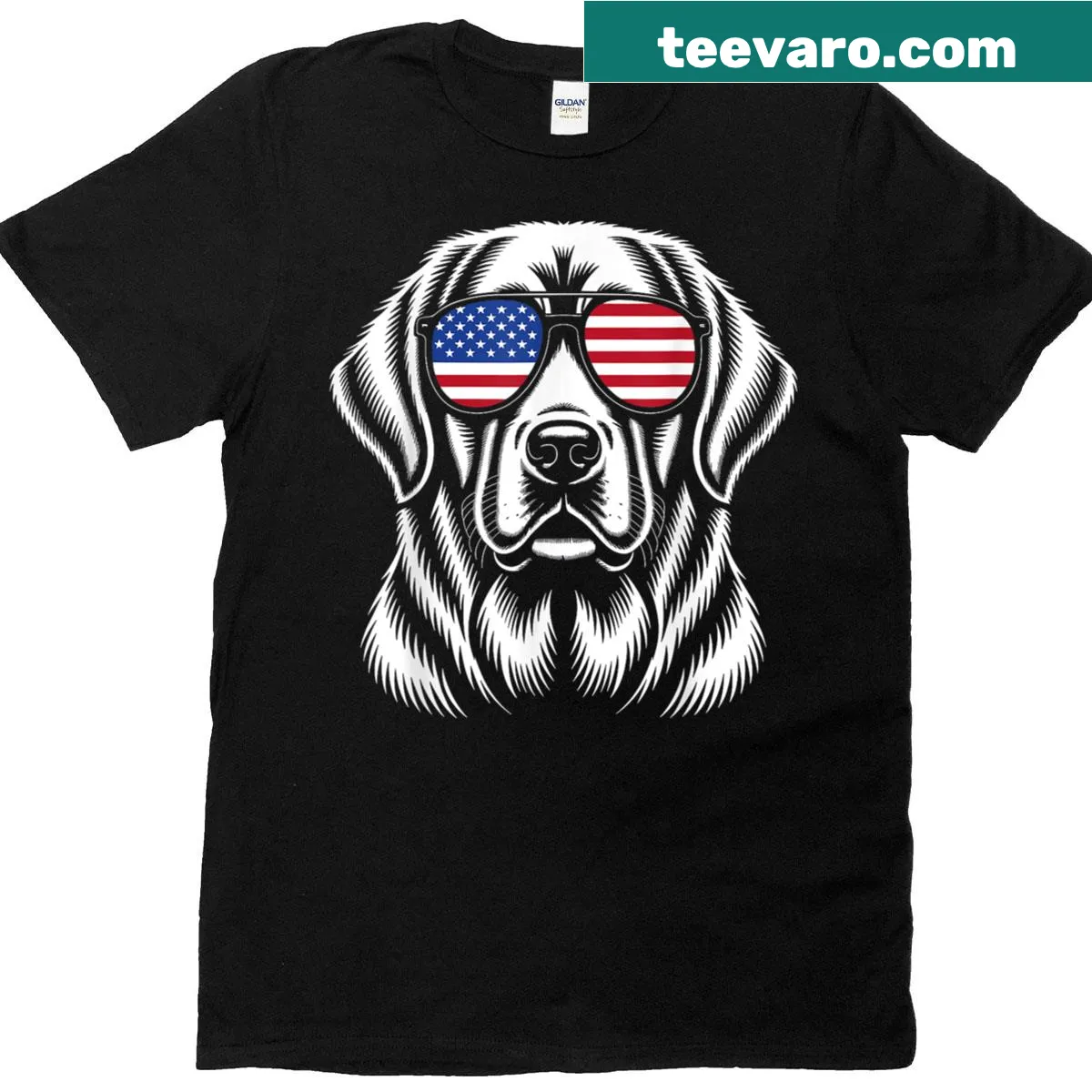Golden retriever graphic t-shirt with patriotic elements — on a men's t-shirt