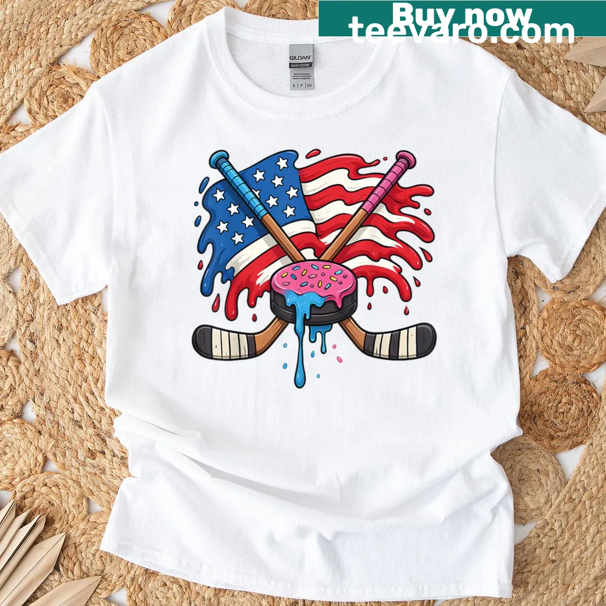 Patriotic ice hockey design T-shirt for Fourth of July — on a men's t-shirt