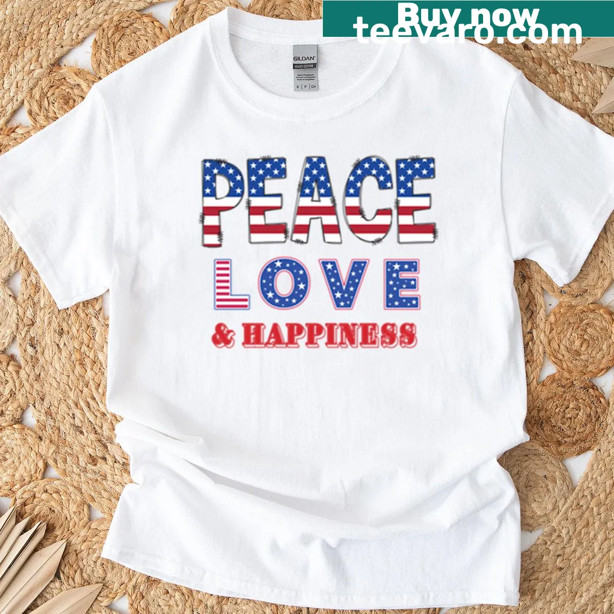 T-shirt featuring the phrase Peace Love And Happiness In America — on a men's t-shirt