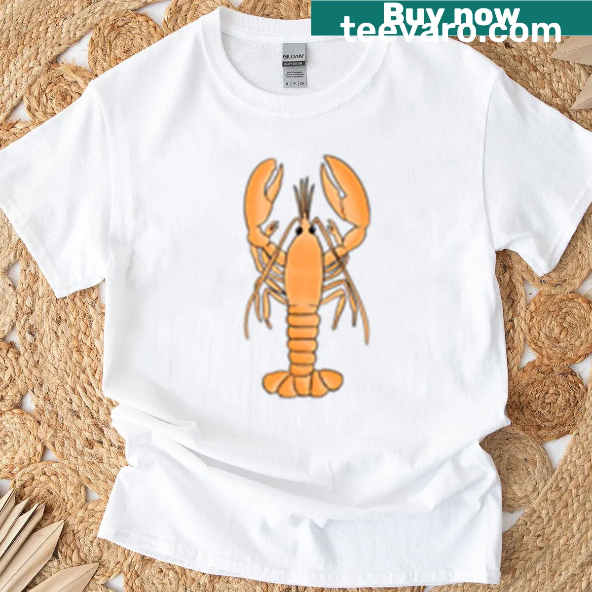 Whimsical illustration of a peach and lobster on a T-shirt — on a men's t-shirt