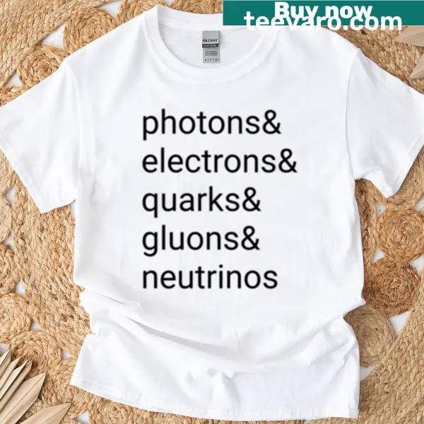 T-shirt featuring the names of particles in bold typography