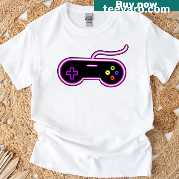 Playful t-shirt featuring a neon game controller