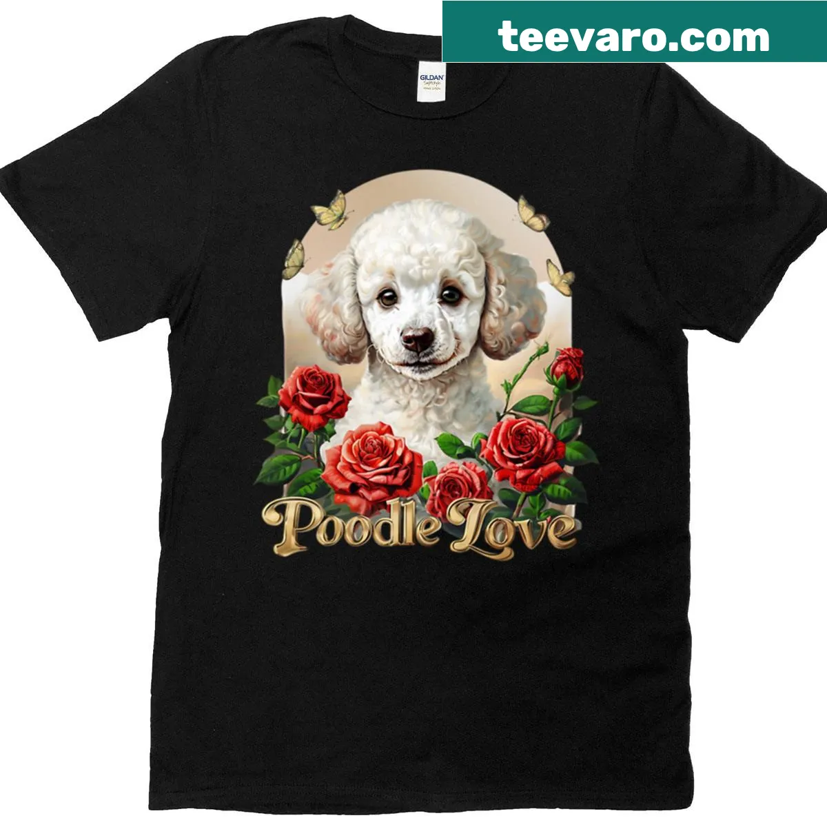 Elegant white poodle surrounded by red roses on a t-shirt — on a men's t-shirt