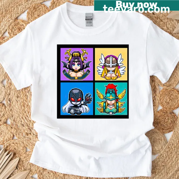 Pixel art T-shirt depicting contrasting light and dark themes