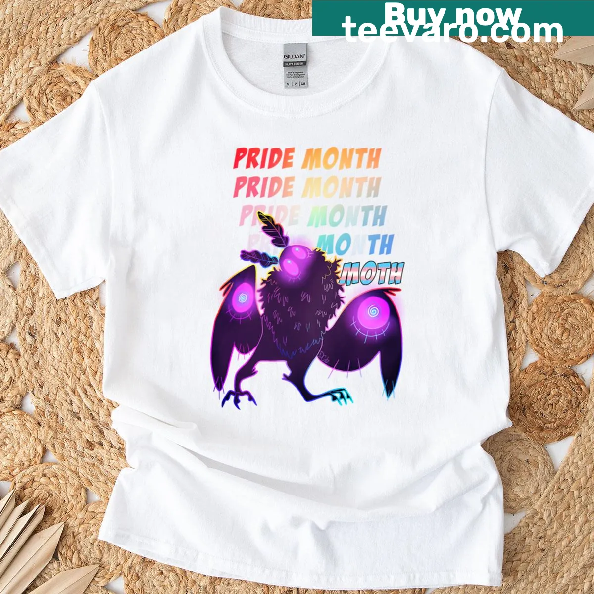 Funny T-shirt featuring a cartoon rainbow moth design — on a men's t-shirt
