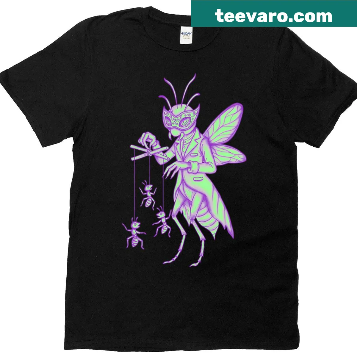 Circus-themed wasp puppeteer graphic t-shirt — on a men's t-shirt
