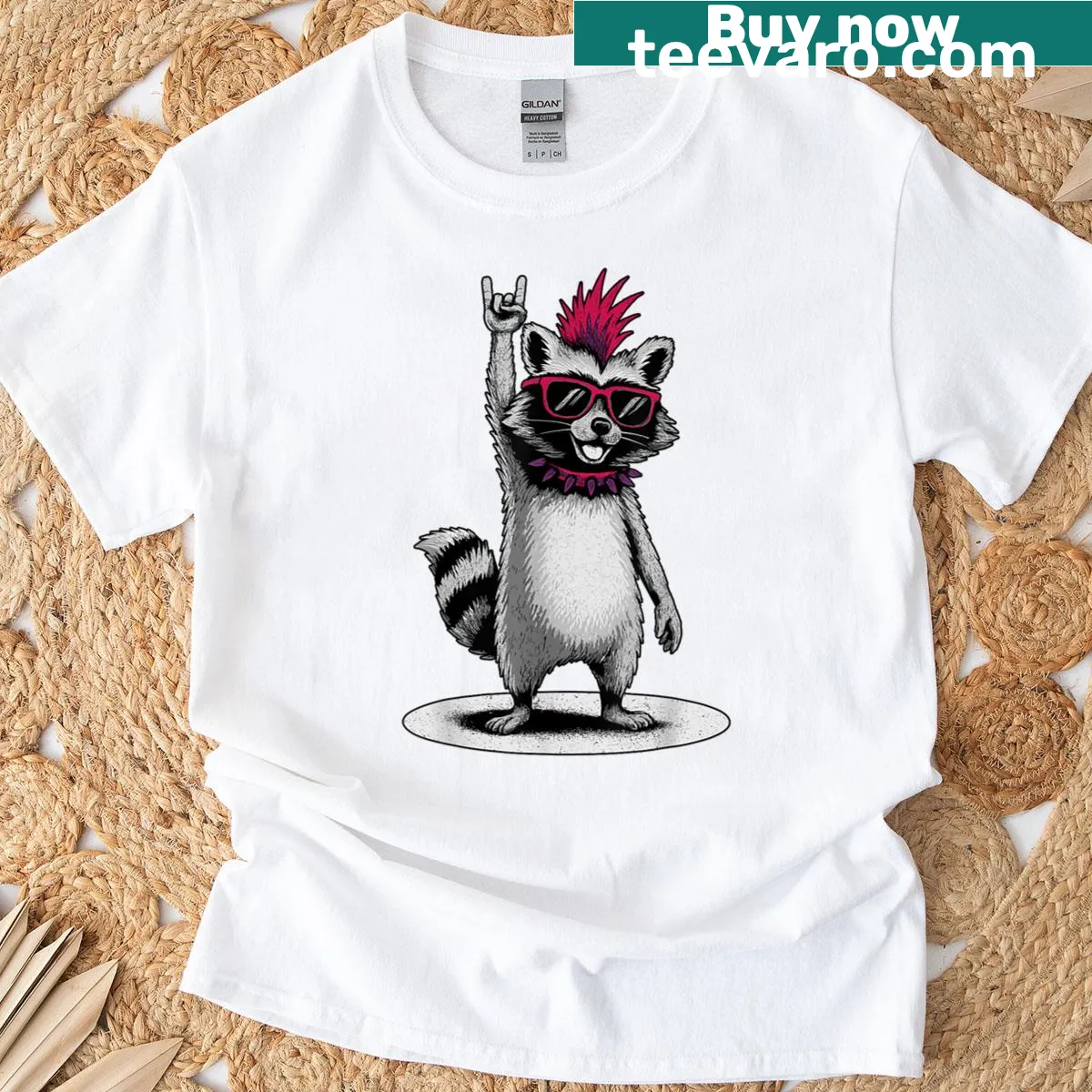 Funny T-shirt featuring a punk rock raccoon illustration — on a men's t-shirt
