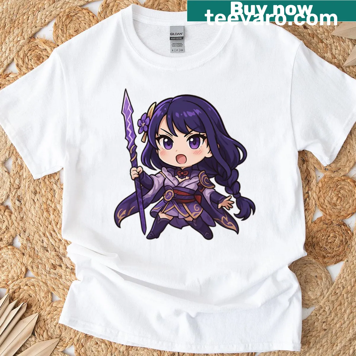 Chibi Raiden Shogun graphic on a playful t-shirt — on a men's t-shirt