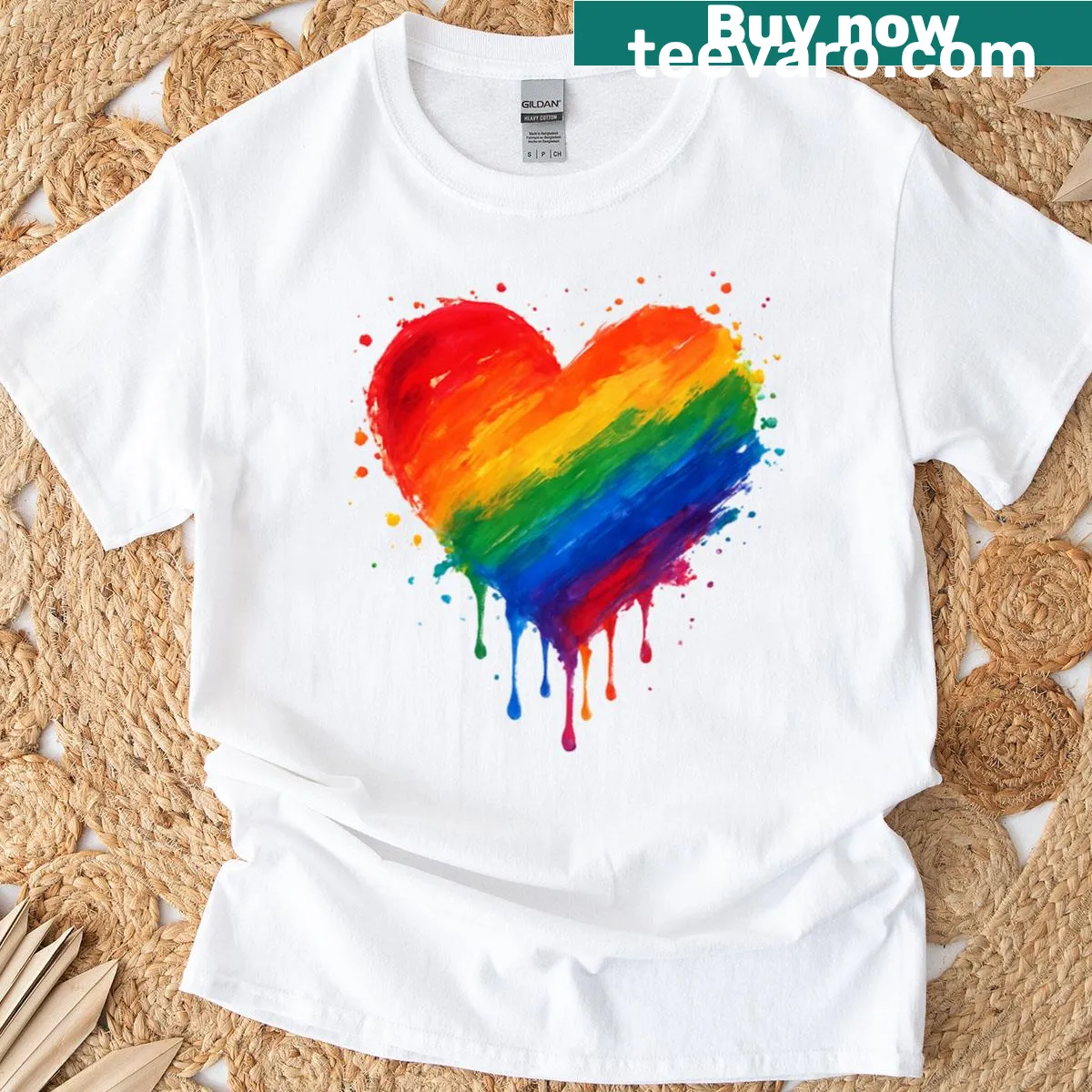 Colorful rainbow drip heart graphic on a t-shirt — on a men's t-shirt