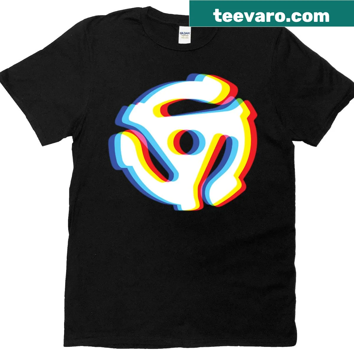Retro t-shirt with vinyl record adapter graphic for music lovers — on a men's t-shirt